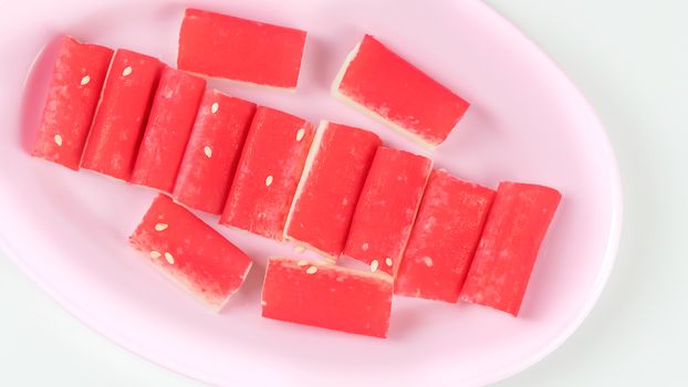 top view Crab stick on plate  on white background