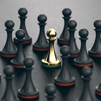 3D illustration of black pawns and focus on a golden one. Concept of uniqueness and talent.