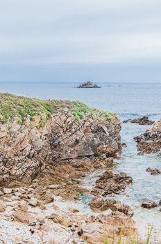 Beach and cliff in Quiberon in the Morbihan in France, on the peninsula of Quiberon