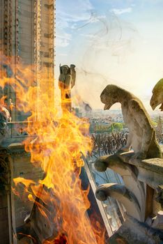 Chimeras in fire on Notre Dame de Paris