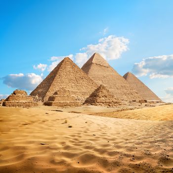 Egyptian pyramids in the desert of Giza. Egypt