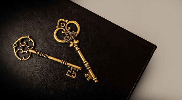 Old keys on the dark background of the skin