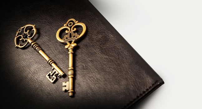 Old keys on the dark background of the skin