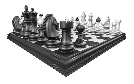 Chess board with all chess pieces 3D render illustration isolated on white background