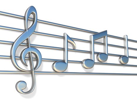 Music notes on staff lines 3D render illustration isolated on white background