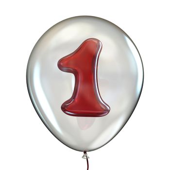Number ONE 1 in transparent balloon 3D render illustration isolated on white background