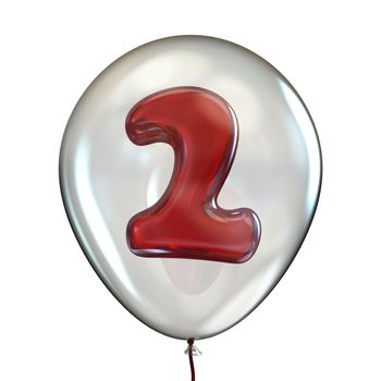 Number TWO 2 in transparent balloon 3D render illustration isolated on white background