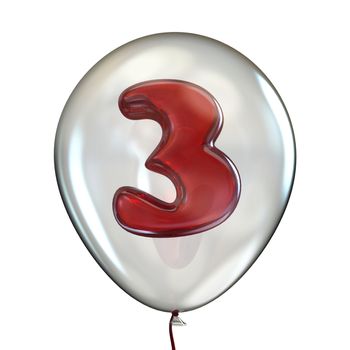 Number THREE 3 in transparent balloon 3D render illustration isolated on white background