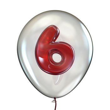 Number SIX 6 in transparent balloon 3D render illustration isolated on white background