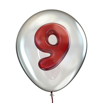 Number NINE 9 in transparent balloon 3D render illustration isolated on white background