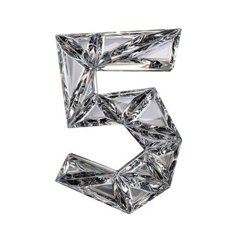 Crystal triangulated font number FIVE 5 3D render illustration isolated on white background