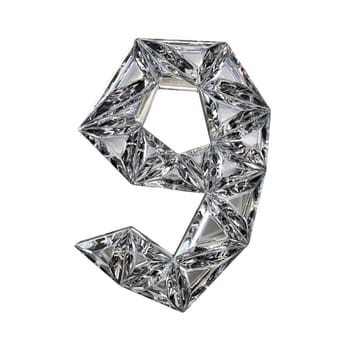Crystal triangulated font number NINE 9 3D render illustration isolated on white background