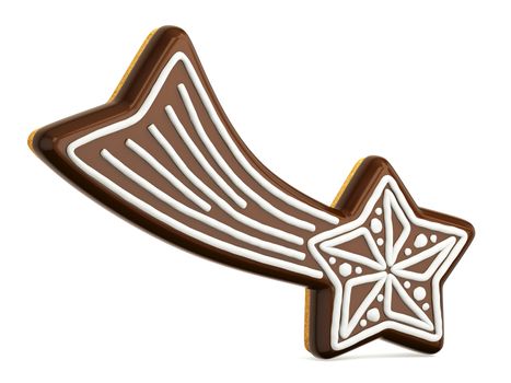 Chocolate Christmas gingerbread falling star decorated with white lines. 3D render illustration isolated on white background