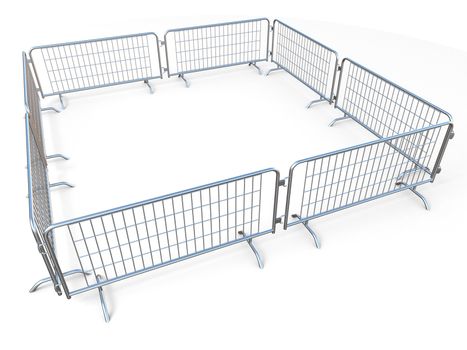 Barricaded square made of mobile steel fences 3D render illustration isolated on white background