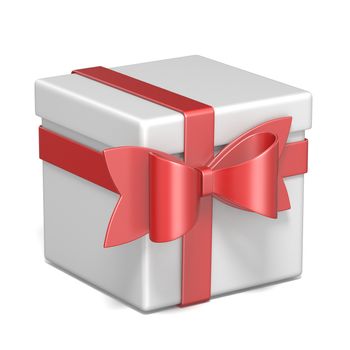 White gift box and red ribbon bow 3D render illustration isolated on white background