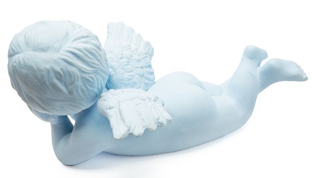 blue ceramic baby angel statue isolated on white background