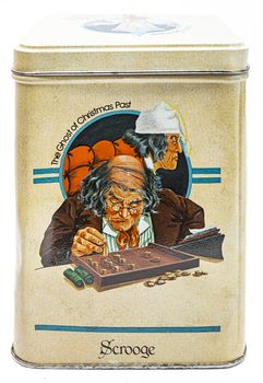 Isolated vintage tin box with Scrooge pattern