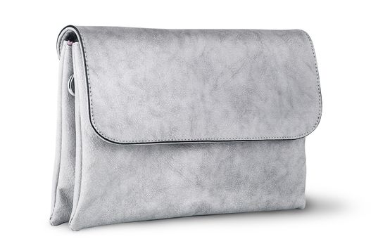 Elegant gray female clutch bag rotated isolated on white background