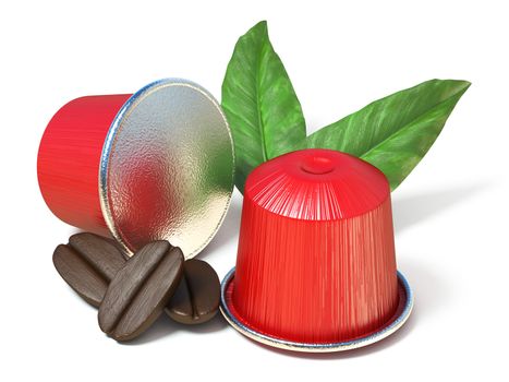 Red coffee capsules with coffee beans and leaves 3D render illustration isolated on white background