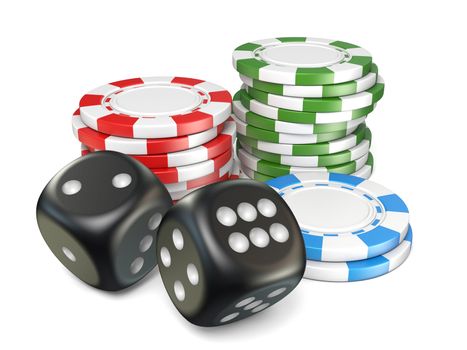 Stacks of red, green, blue gambling chips and black dices 3D ernder illustration isolated on white background