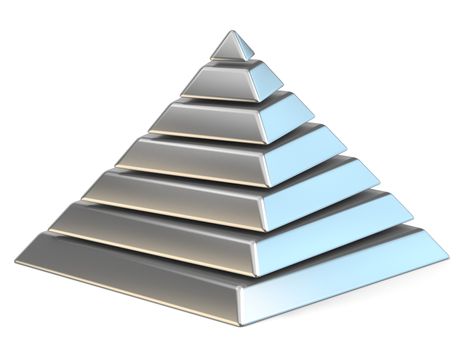 Steel pyramid with seven rotated levels 3D render illustration isolated on white background
