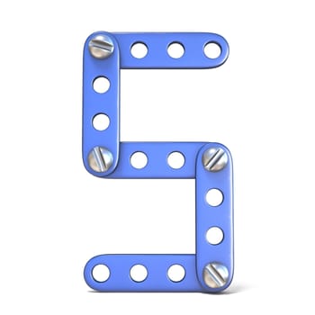 Blue metal constructor toy Number 5 FIVE 3D render illustration isolated on white background