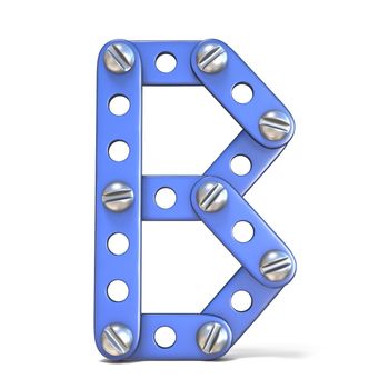 Alphabet made of blue metal constructor toy Letter B 3D render illustration isolated on white background