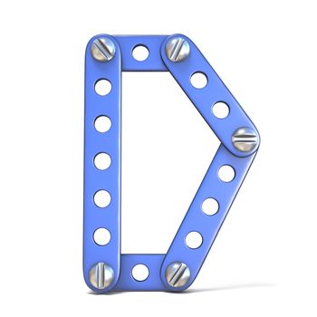 Alphabet made of blue metal constructor toy Letter D 3D render illustration isolated on white background