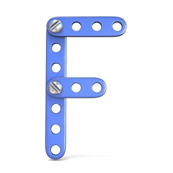 Alphabet made of blue metal constructor toy Letter F 3D render illustration isolated on white background
