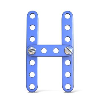 Alphabet made of blue metal constructor toy Letter H 3D render illustration isolated on white background