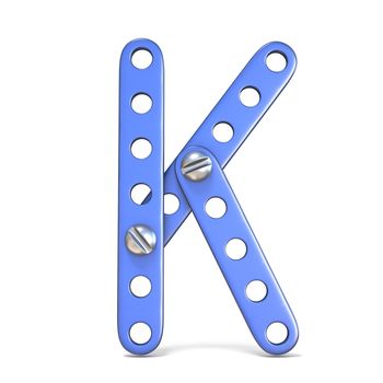 Alphabet made of blue metal constructor toy Letter K 3D render illustration isolated on white background
