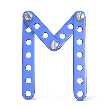 Alphabet made of blue metal constructor toy Letter M 3D render illustration isolated on white background