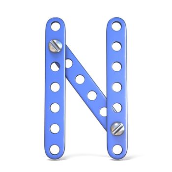 Alphabet made of blue metal constructor toy Letter N 3D render illustration isolated on white background