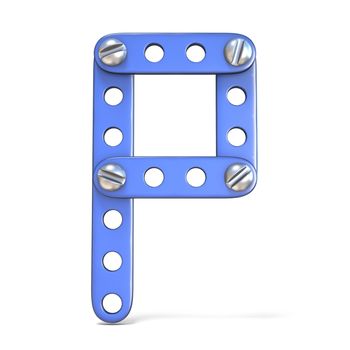 Alphabet made of blue metal constructor toy Letter P 3D render illustration isolated on white background