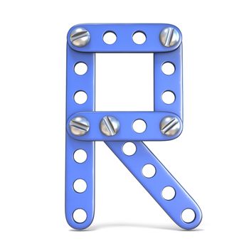 Alphabet made of blue metal constructor toy Letter R 3D render illustration isolated on white background