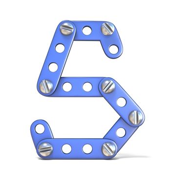 Alphabet made of blue metal constructor toy Letter S 3D render illustration isolated on white background