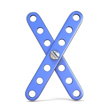 Alphabet made of blue metal constructor toy Letter X 3D render illustration isolated on white background