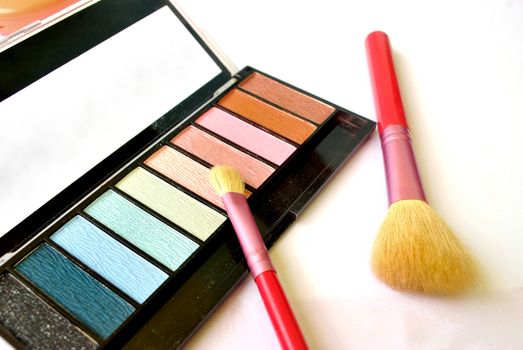 Makeup accessories for beautician is bright color.