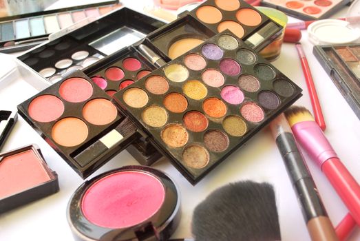 Makeup accessories for beautician is bright color.