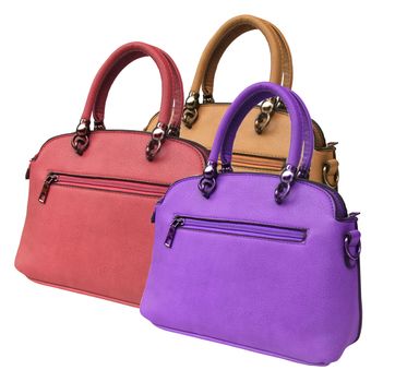 Handbag is a leather bag. 3. Red, purple, brown.