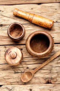 Empty wooden mortar and pestle on wooden old background.Handmade wooden mortar