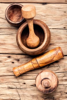 Empty wooden mortar and pestle on wooden old background.Handmade wooden mortar