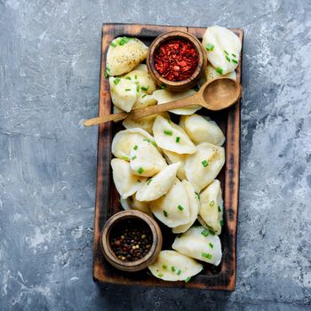 Dumplings with potato filling.Vareniki.Traditional Ukrainian food.Varenyky with potato