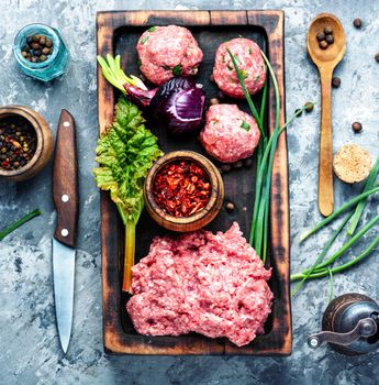 Fresh raw minced beef on cutting board and ingredients