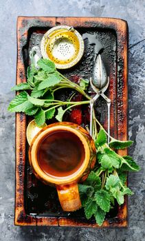 Green melissa herbal tea.Cup of herbal tea