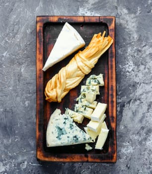 Cheese on dark slate on background.Different sorts of cheese.Various types of cheese
