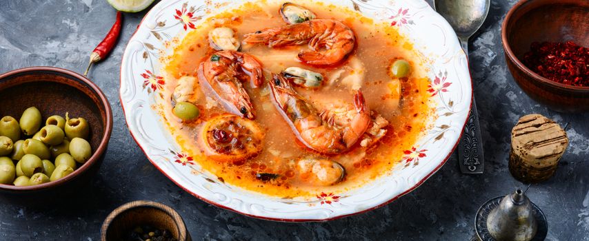 Traditional thai cuisine.Tom yum goong.Spicy shrimp soup