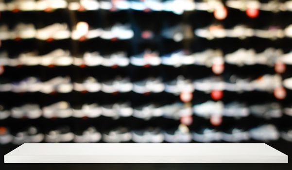 defocus shot of shoes on shelf in the store 