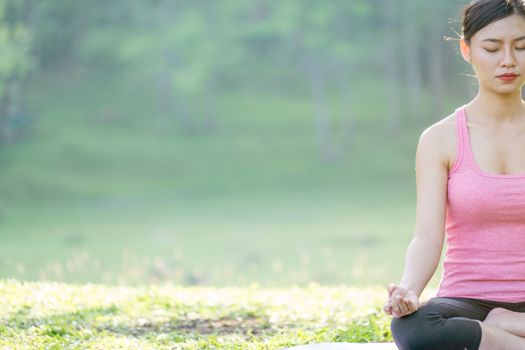 young beautiful asian woman practicing yoga  in the garden