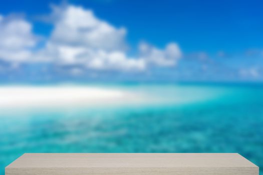 beautiful tropical beach and sea defocus background with wooden shelf